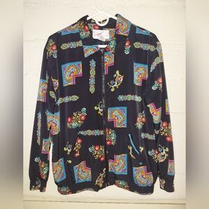 Vtg G.W. Graff Women's Sz 10 Long Sleeve Zipper Silky floral Bomber Jacket